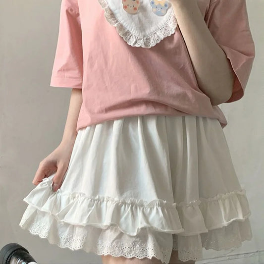 2023 Korean Fashion White Lace Mini Skirt for Women Girl A-line Short Skirt Kawaii Cute Preppy Style Student High Waist  Clothes