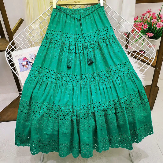 Embroidery Hollow Out Long Cotton Skirt Women&#39;s Summer A-line Long Boho Skirt